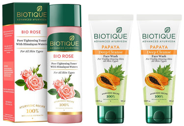 Biotique Papaya Deep Cleanse Face Wash For Visibly Glowing Skin All Skin Types 2x100ml & Biotique Bio Rose Pore Tightening Toner With Himalayan Water For All Skin Type 120 Ml